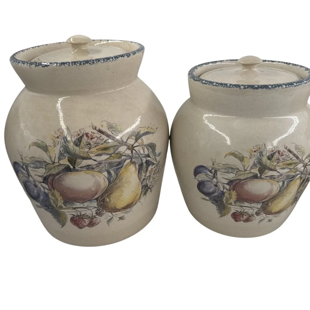 VTG Hand Painted‎ Fruit Canister Set 4 Pc Ceramic Kitchen Jars w/Lids Farmhouse
